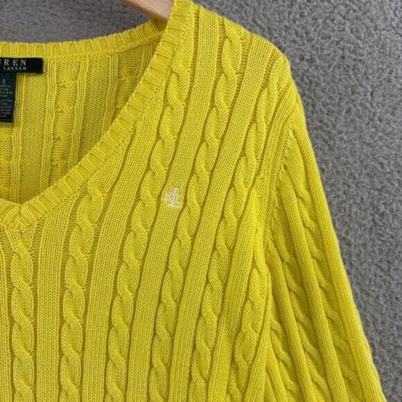 Lauren Ralph Lauren Cable Knit V-Neck Cotton Sweater Yellow Size Small Preppy - Picture 3 of 10